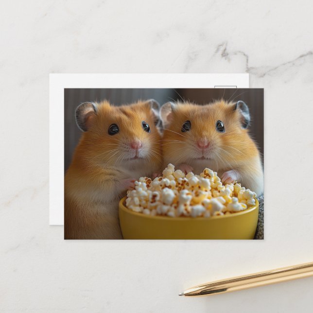 Two Adorable Hamsters With a Large Popcorn Bowl Postcard (Front/Back In Situ)