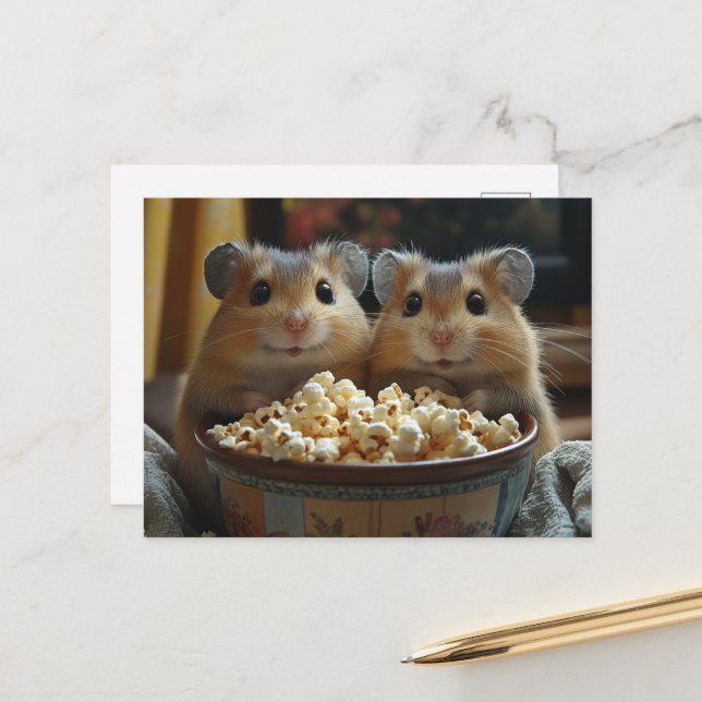 Two Adorable Hamsters With Giant Bowl of Popcorn Postcard (Front/Back In Situ)