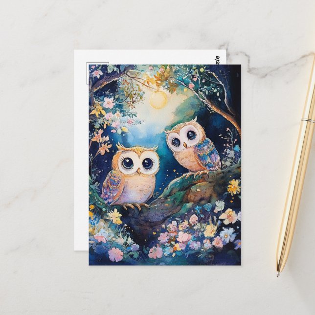 Two adorable owls postcard (Front/Back In Situ)