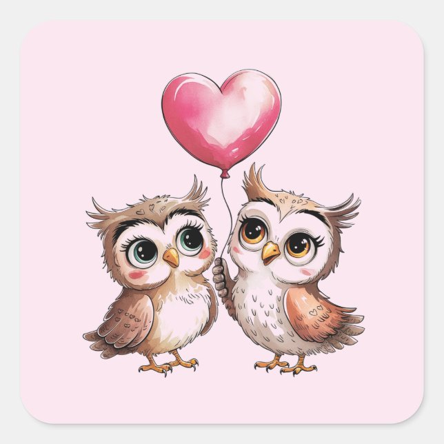 Two Adorable Owls with a Heart Balloon Square Sticker (Front)