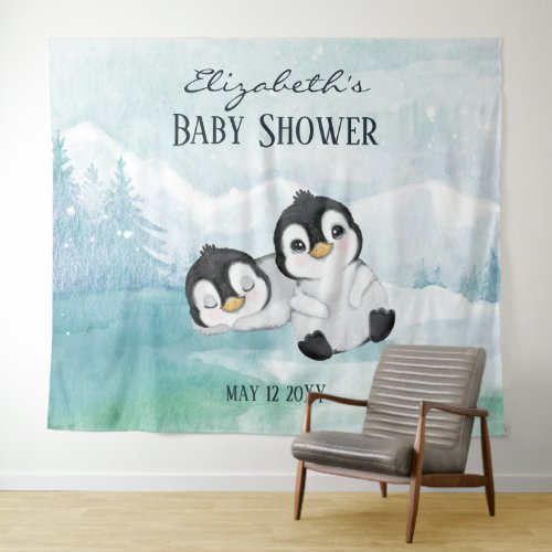 Two Adorable Penguins Baby Shower Backdrop