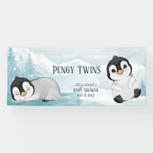 Two Adorable Penguins Illustration Baby Shower Banner