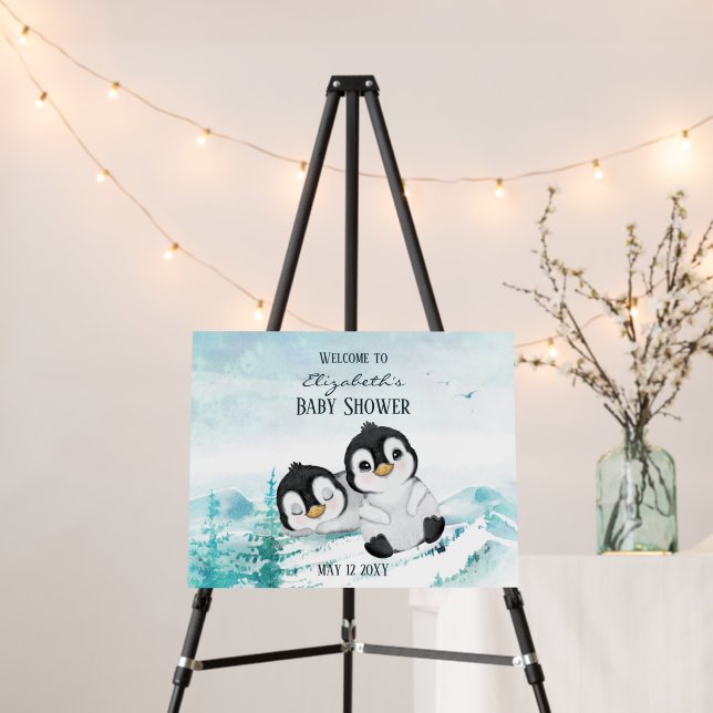 Two Adorable Penguins Illustration Baby Shower Foam Board (In Situ (Stand))