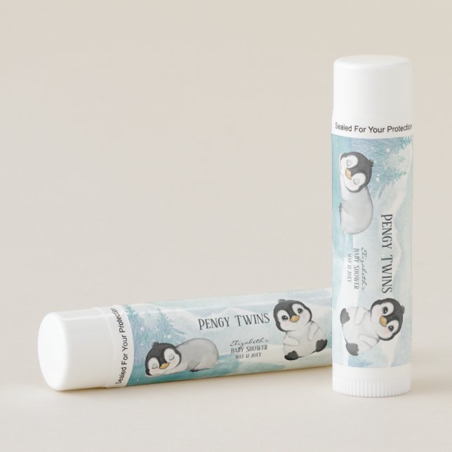 Two Adorable Penguins Illustration Baby Shower Lip Balm (Front)