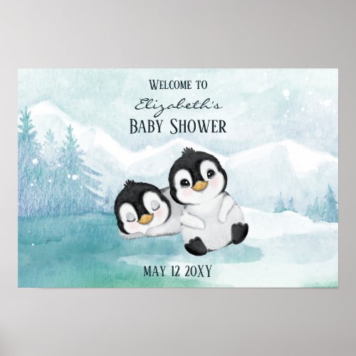 Two Adorable Penguins Illustration Baby Shower  Poster