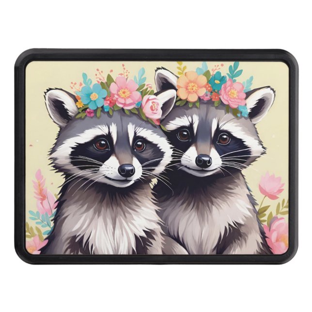 Two Adorable Racoons In Flower Crowns Hitch Cover (Front)