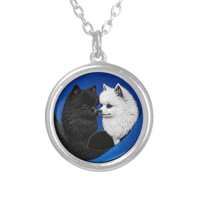 Two adorable spitz dogs silver plated necklace (Front)