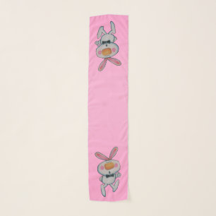 Two Adorable White Bunnies Thumbs up Bright Pink Scarf
