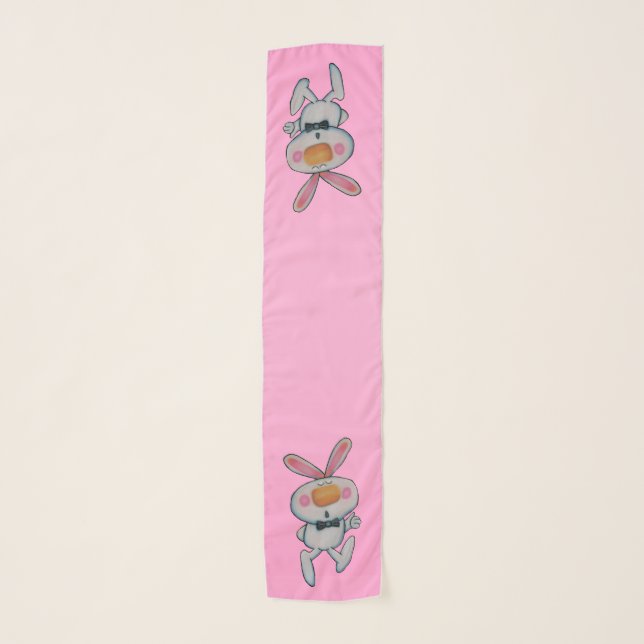 Two Adorable White Bunnies Thumbs up Bright Pink Scarf (Front)