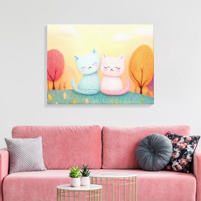 Two adorable woolen cats sitting together canvas print (Insitu(LivingRoom))