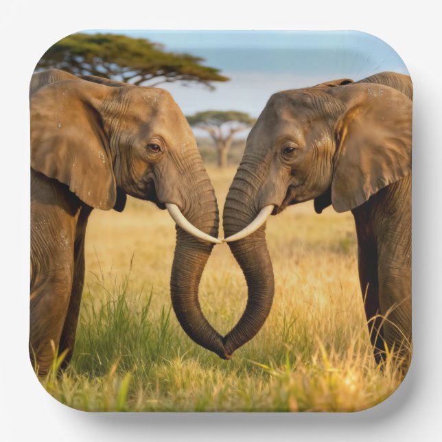 Two African Elephants In Savannah Grass Paper Plates (Front)