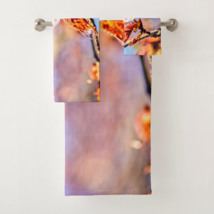 Two Amazing Sakura Flowers. Pink, Blue Background Bath Towel Set