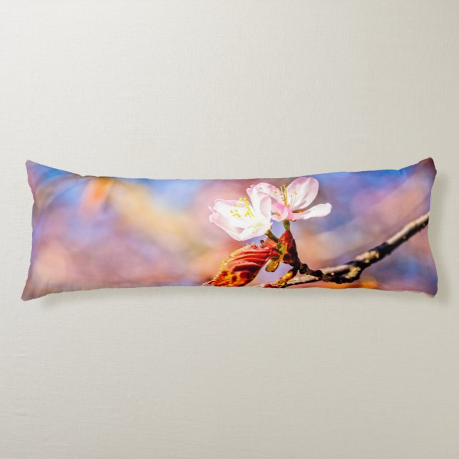 Two Amazing Sakura Flowers. Pink, Blue Background Body Pillow (Front)