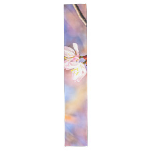 Two Amazing Sakura Flowers. Pink, Blue Background Long Table Runner