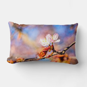 Two Amazing Sakura Flowers. Pink, Blue Background Lumbar Pillow