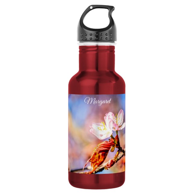 Two Amazing Sakura Flowers. Pink, Blue Background Stainless Steel Water Bottle (Front)