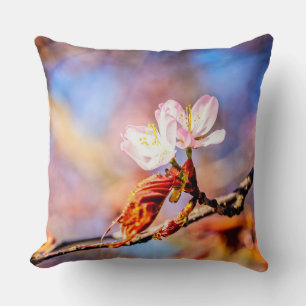Two Amazing Sakura Flowers. Pink, Blue Background Throw Pillow