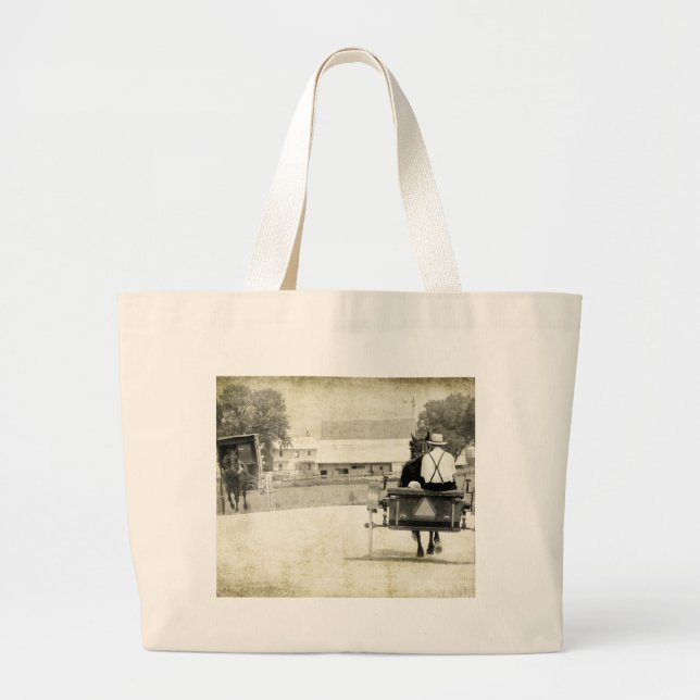 Two Amish Buggies Sepia Rural Road Large Tote Bag (Front)