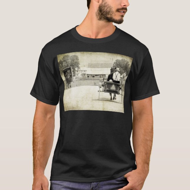 Two Amish Buggies Sepia Rural Road T-Shirt (Front)