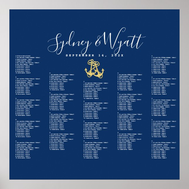 Two Anchors Nautical Navy Seating Chart Poster (Front)