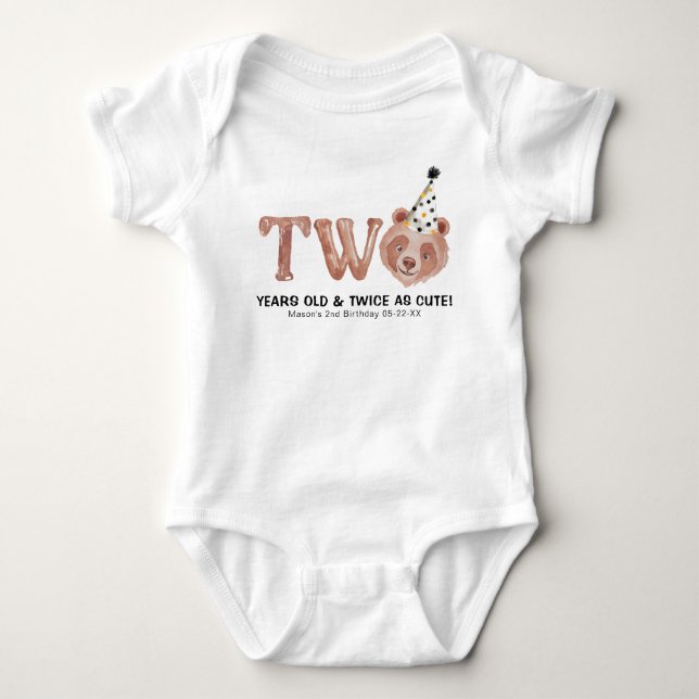 Two and Twice as Cute Bear 2nd Birthday  Baby Bodysuit (Front)