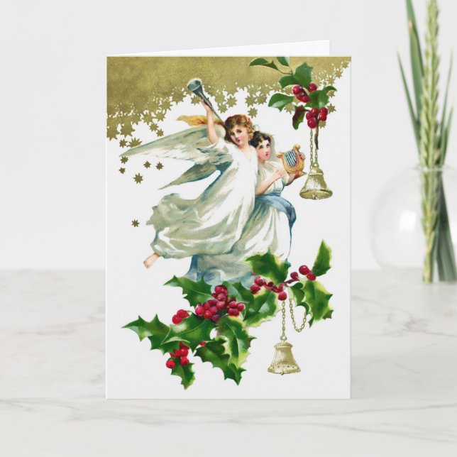 Two Angels with Bells Christmas Holiday Card (Front)