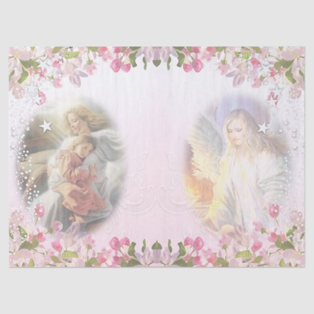 Two Angels with Flower Border on Pink Decoupage Tissue Paper (Front)