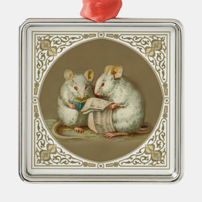 Two Anthropomorphic Mice Reading Metal Ornament (Front)
