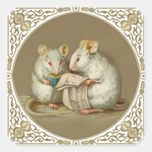 Two Anthropomorphic White Mice Reading Square Sticker