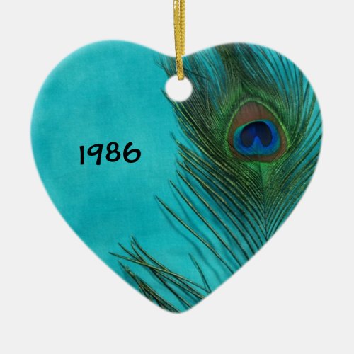 Two Aqua Peacock Feathers Ceramic Ornament