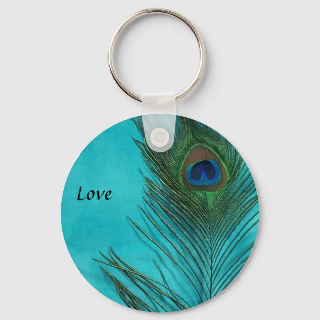 Two Aqua Peacock Feathers Keychain (Front)