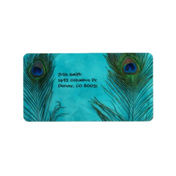 Two Aqua Peacock Feathers Label by Peacocks at Zazzle