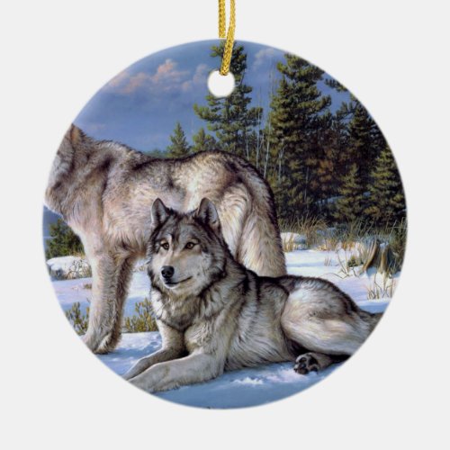 Two arctic wolves painting ceramic ornament