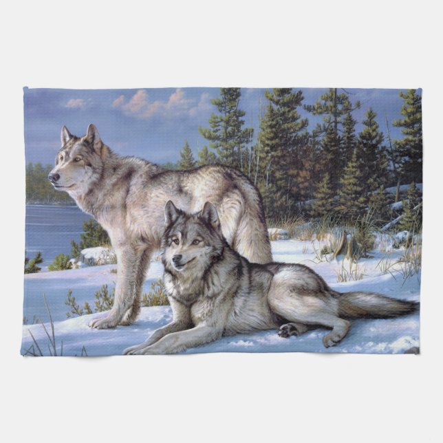 Two arctic wolves painting kitchen towel (Horizontal)