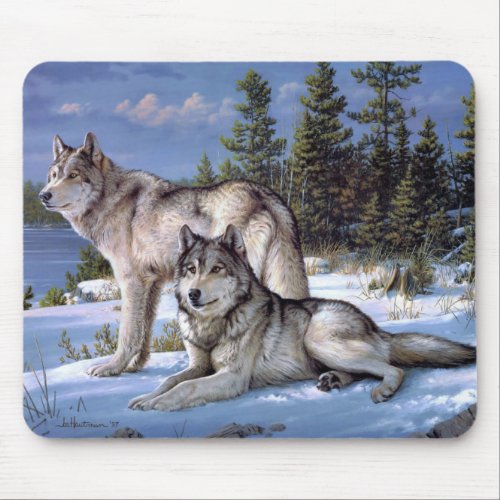 Two arctic wolves painting mouse pad