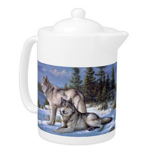 Two arctic wolves painting teapot