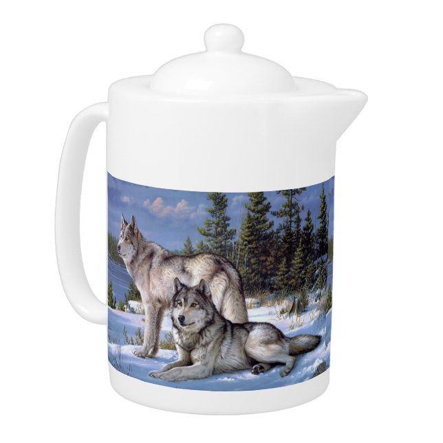 Two arctic wolves painting teapot (Left)
