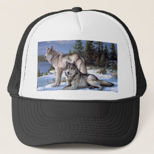 Two arctic wolves painting trucker hat