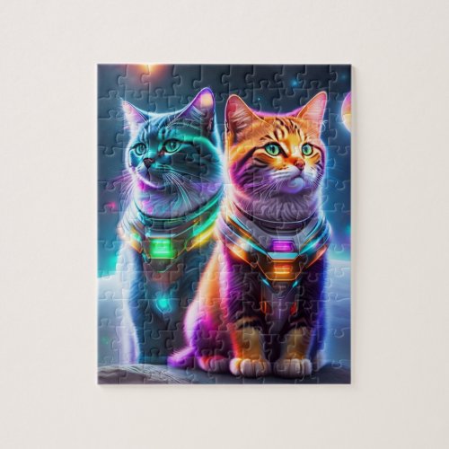 Two Astronaut Cats Neon Lights Colorful Cats Jigsaw Puzzle