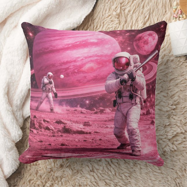 Two Astronauts Playing Baseball on Pink Planet Throw Pillow (Blanket)