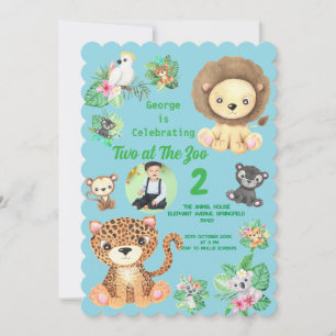 Two at The Zoo Jungle Animals Kids Birthday Photo Invitation