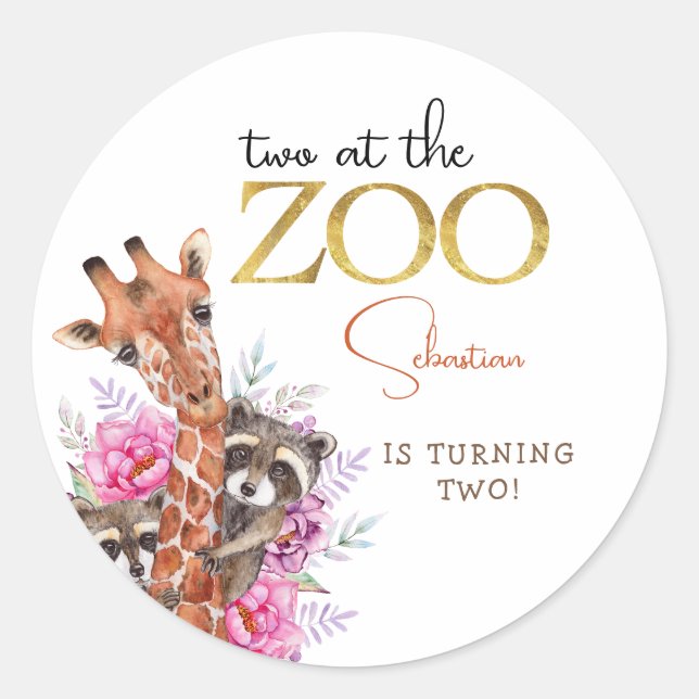 Two at the zoo safari animals kids birthday party classic round sticker (Front)