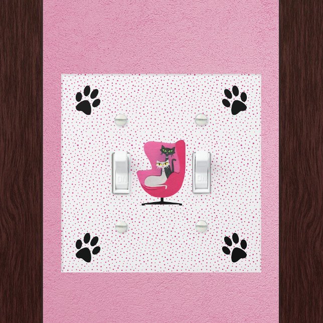 Two Atomic Cats in Pink Chair Paw Prints Pink Dots Light Switch Cover (Atomic cats in pink chair black paw prints on white with pink polka dots light switch cover.)