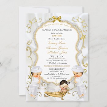 Two Baby Boys & Girl  Baptism Christening Gold Inv Invitation by HydrangeaBlue at Zazzle