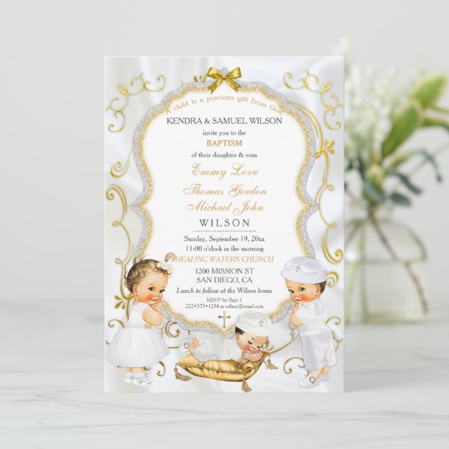 Two Baby Boys Girl Baptism Christening Gold Invitation Zazzle