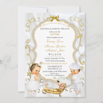 Two Baby Boys & Girl  Baptism Christening Gold Invitation by HydrangeaBlue at Zazzle