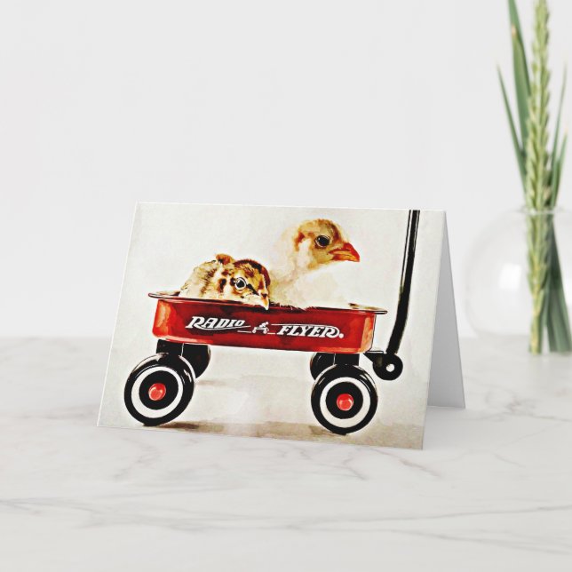 Two Baby Chicks in Red Wagon Card (Front)