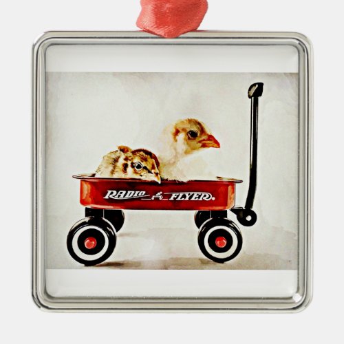 Two Baby Chicks in Red Wagon Metal Ornament