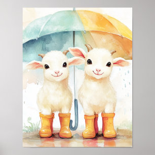 Two Baby Goats on a Rainy Day Poster