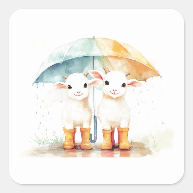 Two Baby Goats on a Rainy Day Square Sticker (Front)